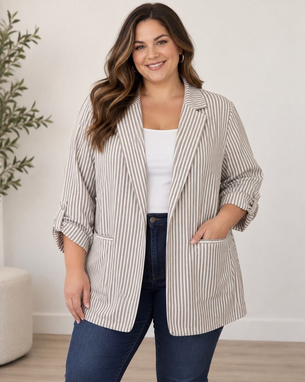 EVRI 3X Beige White Striped Open Front Longline Blazer